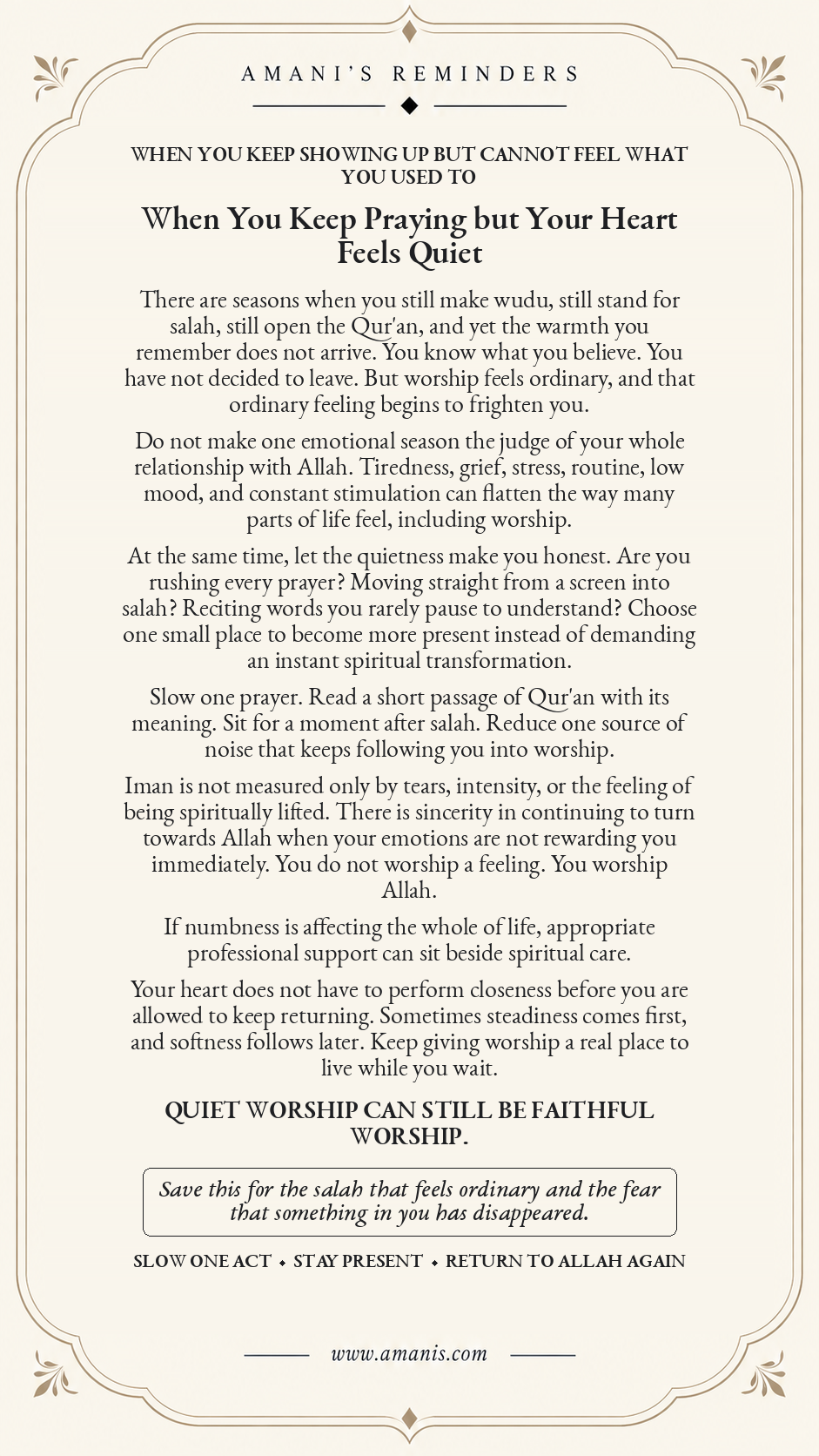 Amani’s Islamic reminder artwork: When You Keep Praying but Your Heart Feels Quiet