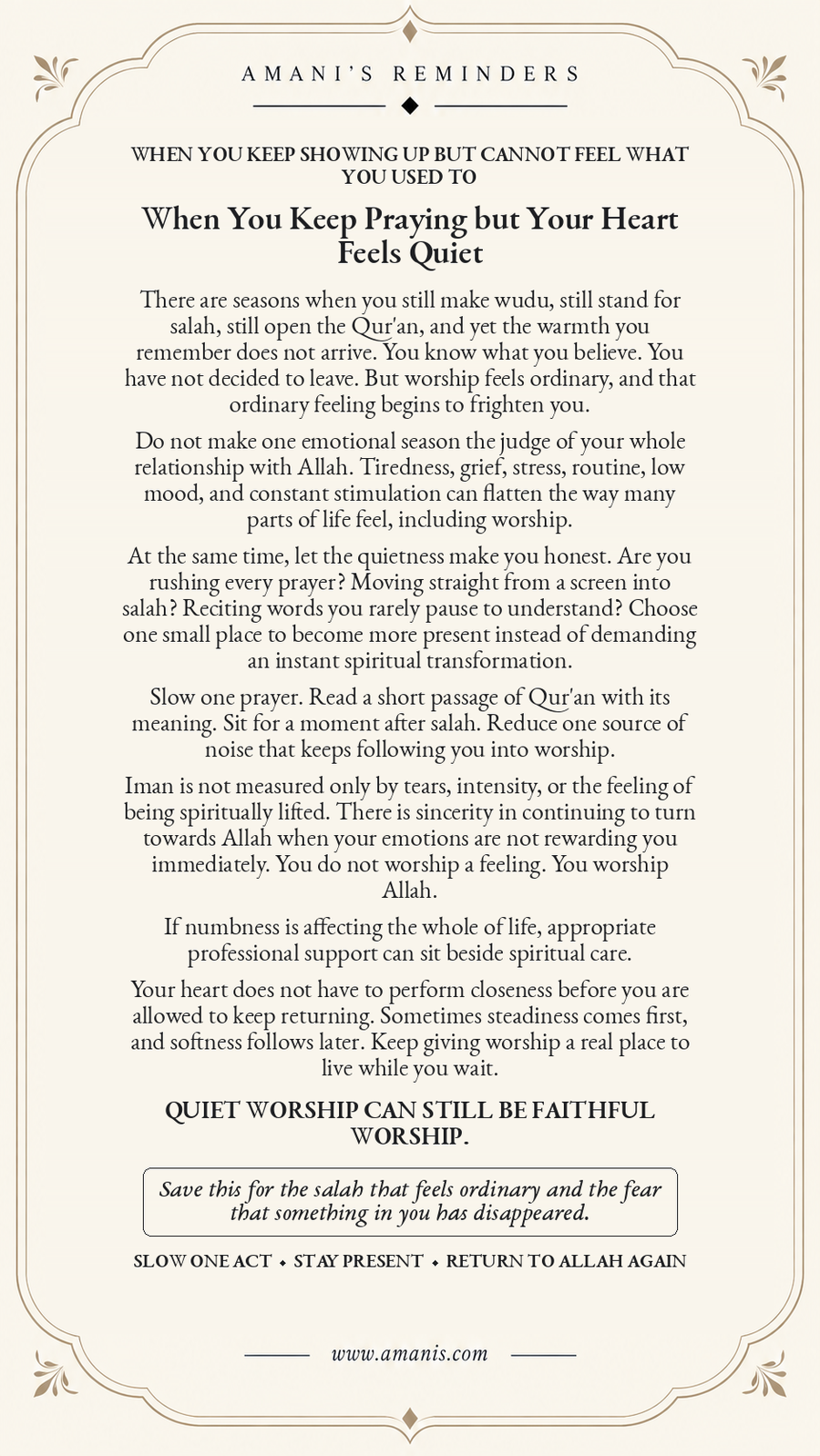 Amani’s Islamic reminder artwork: When You Keep Praying but Your Heart Feels Quiet