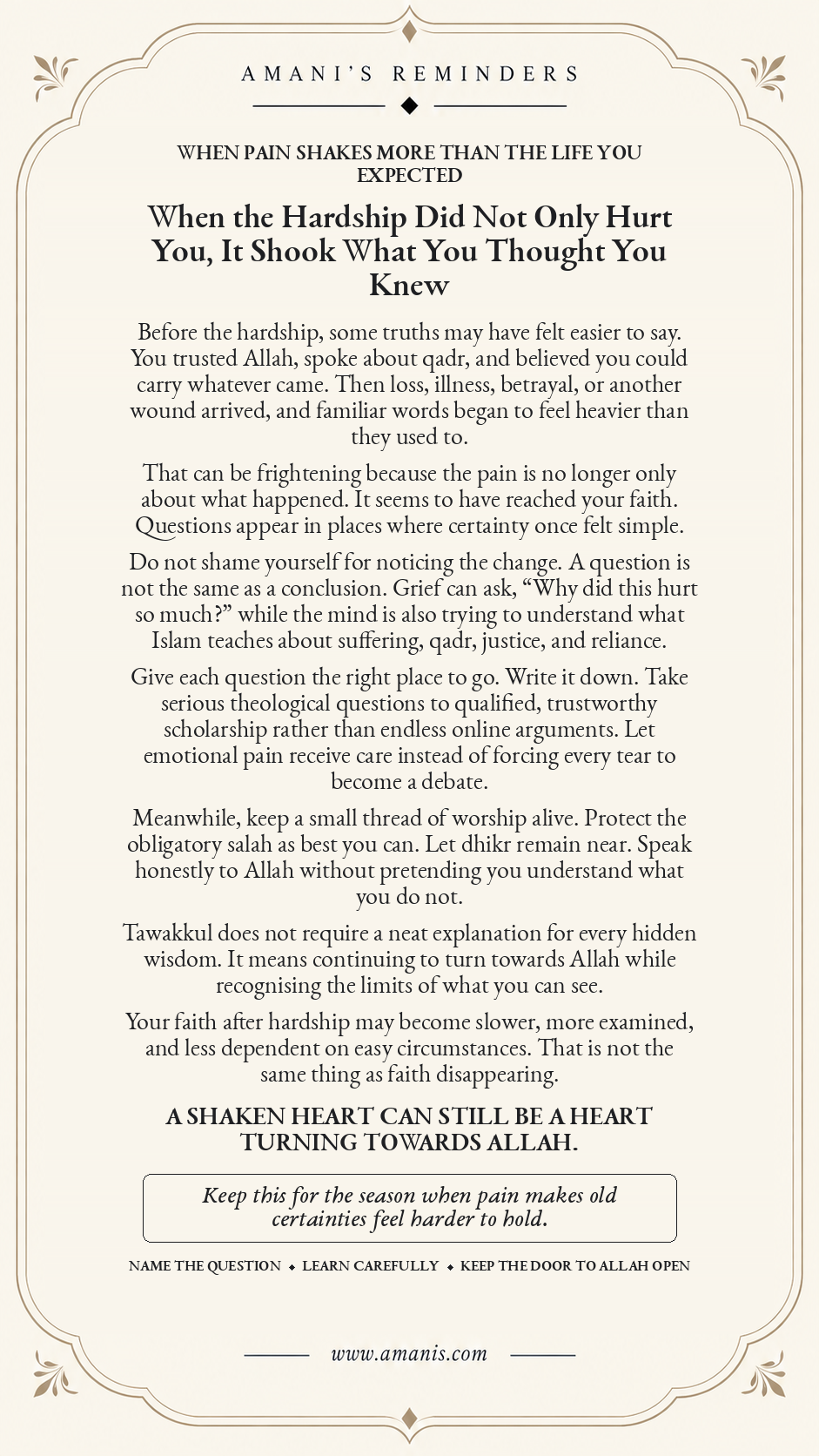 Amani’s Islamic reminder artwork: When the Hardship Did Not Only Hurt You, It Shook What You Thought You Knew