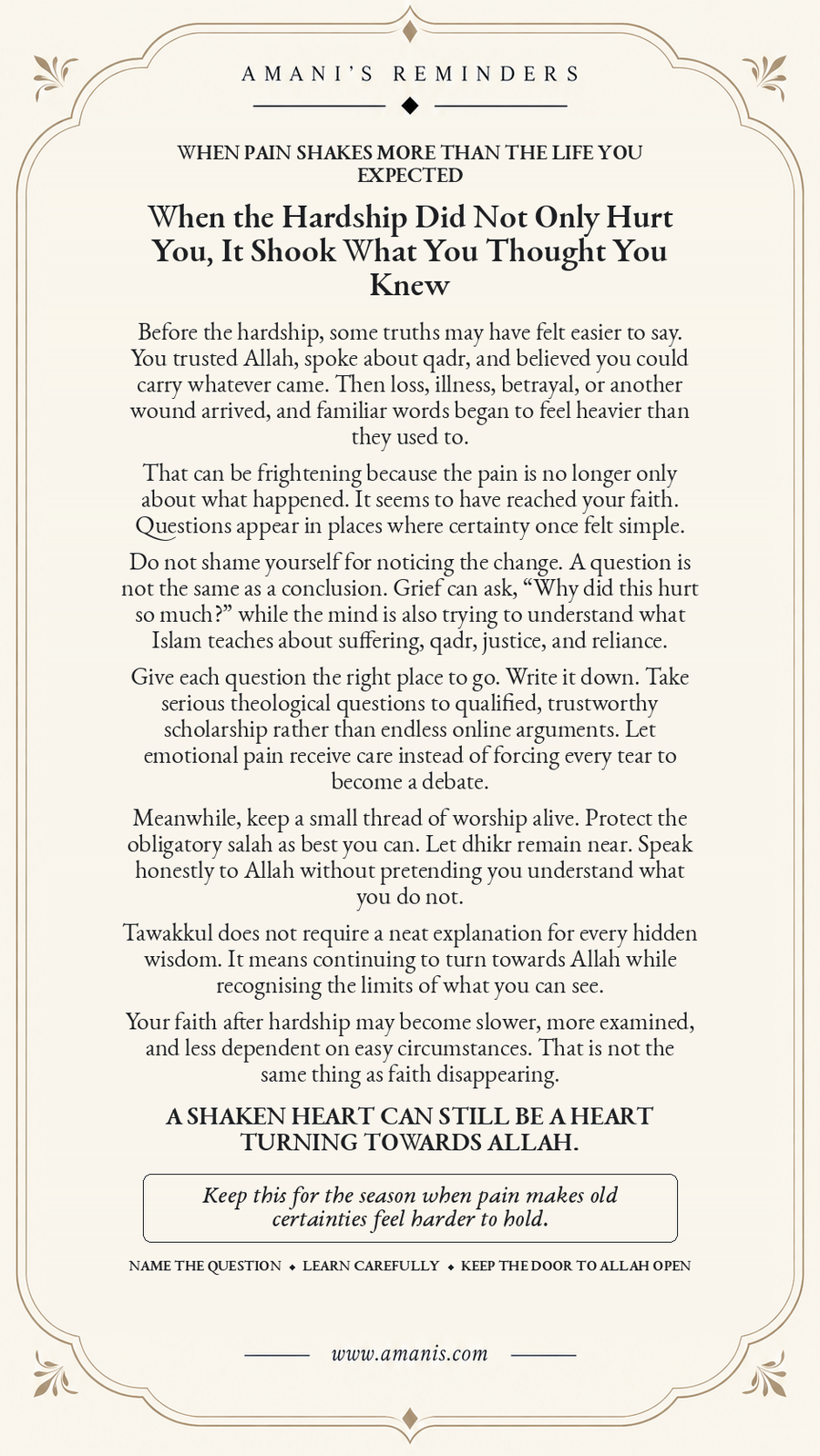 Amani’s Islamic reminder artwork: When the Hardship Did Not Only Hurt You, It Shook What You Thought You Knew