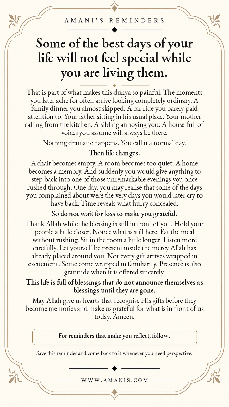 Amani’s Reminders reflection on noticing ordinary blessings, family moments and gratitude before life changes.