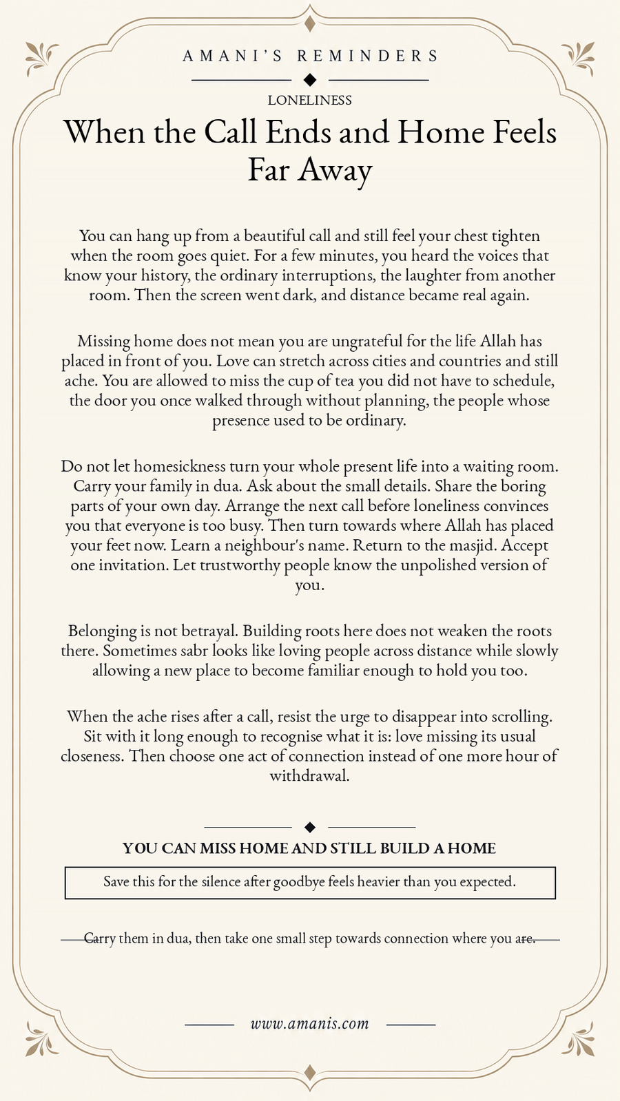 Amani’s Reminders Islamic poster about loneliness after a family call ends when living far from home.