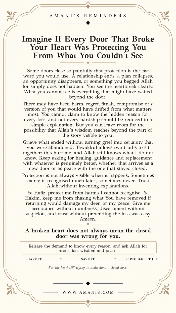 Amani’s Reminders Islamic poster about closed doors, qadr, tawakkul and Allah’s protection.