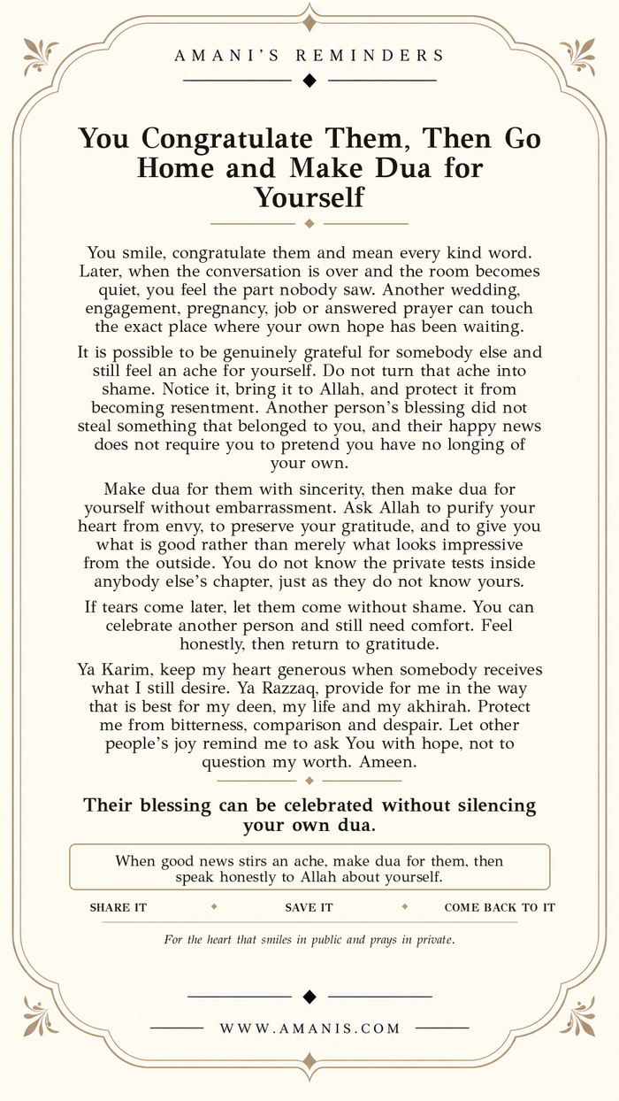 Amani’s Reminders Islamic poster about loneliness, marriage, comparison and making dua for yourself.
