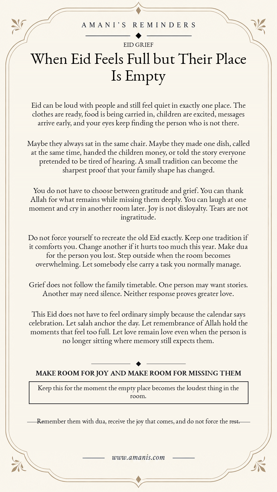Amani’s Reminders Islamic grief poster for Eid when someone beloved is missing from the family gathering.