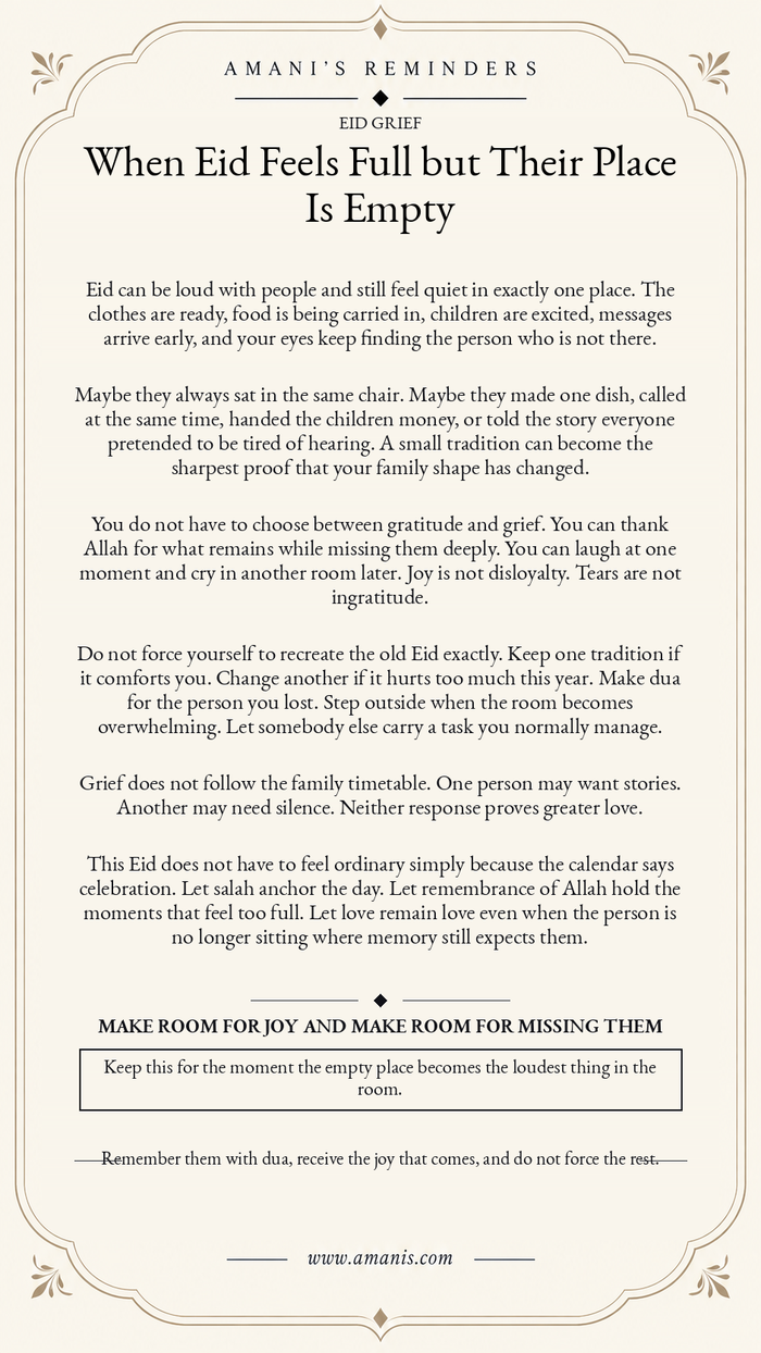 Amani’s Reminders Islamic grief poster for Eid when someone beloved is missing from the family gathering.