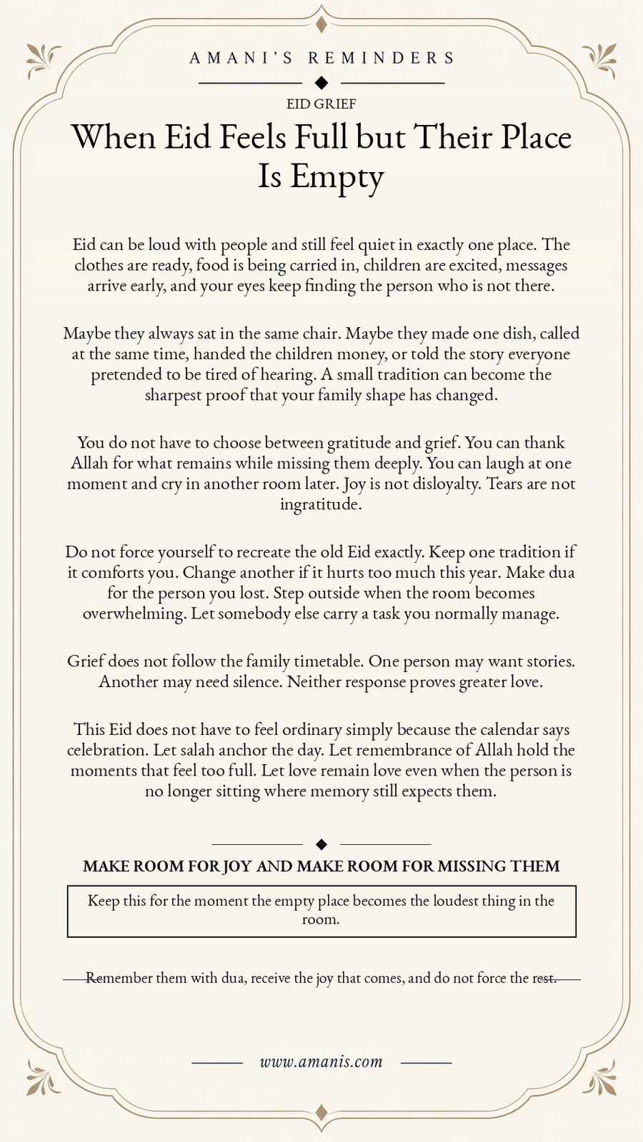 Amani’s Reminders Islamic grief poster for Eid when someone beloved is missing from the family gathering.