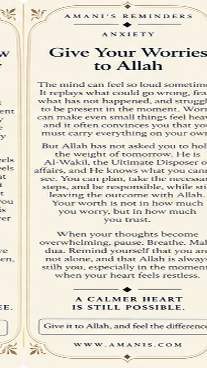 Amani’s Reminders artwork about worry, tawakkul and entrusting what you cannot control to Allah.
