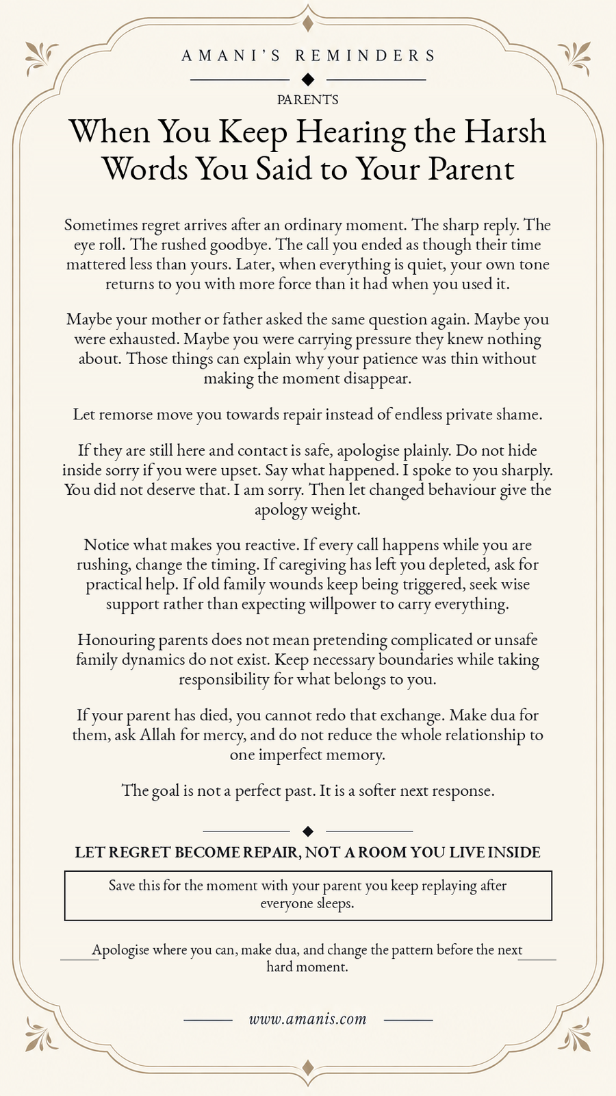 Amani’s Reminders Islamic poster about regretting harsh words to a parent and turning remorse into repair.