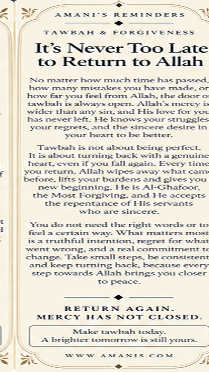 Amani’s Reminders artwork about tawbah, Allah’s mercy and returning to Him after mistakes.