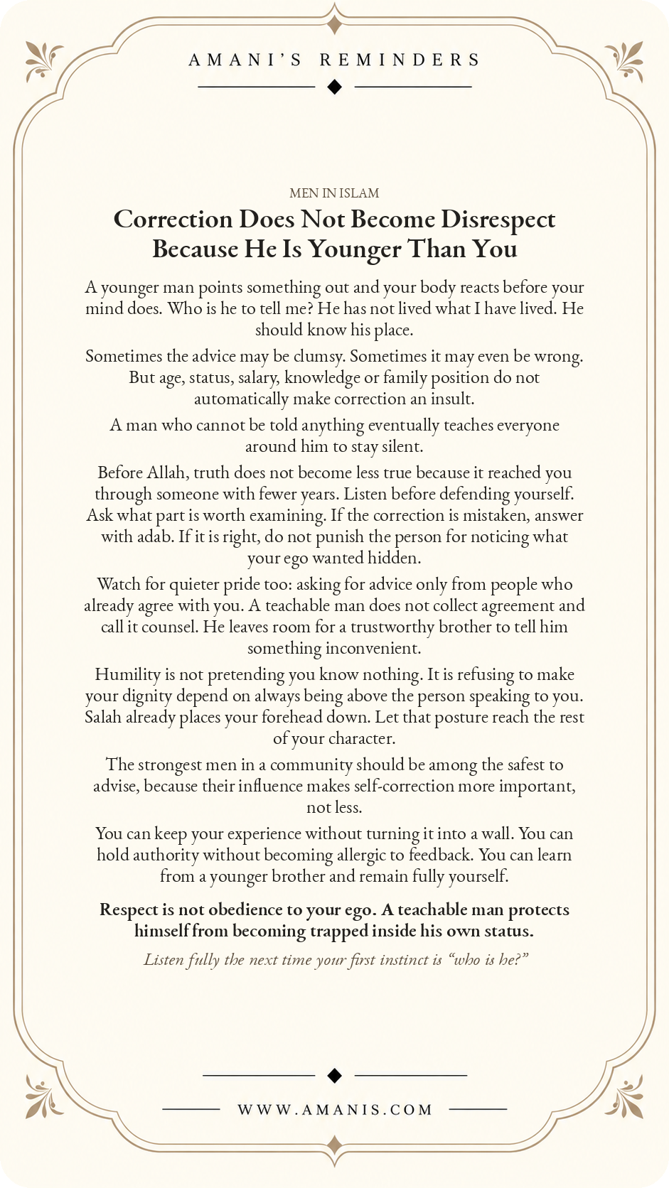 Amani’s Reminders artwork for Muslim men about humility, receiving correction and not treating truthful feedback from younger people as disrespect.