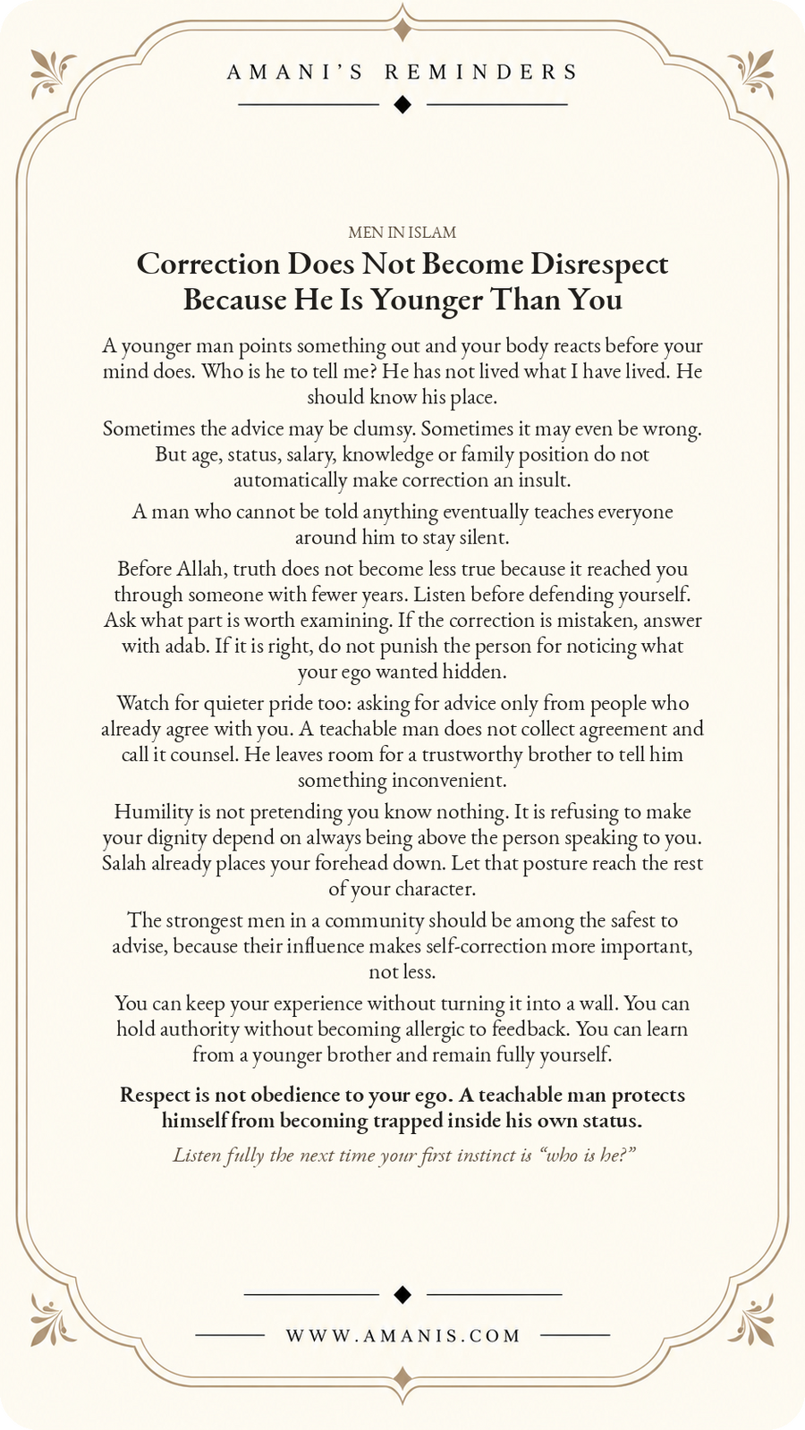 Amani’s Reminders artwork for Muslim men about humility, receiving correction and not treating truthful feedback from younger people as disrespect.