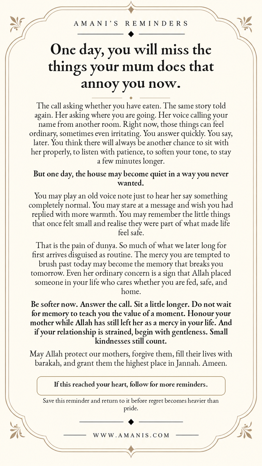 Amani’s Reminders reflection on appreciating a mother’s ordinary care, presence and concern before they become memories.