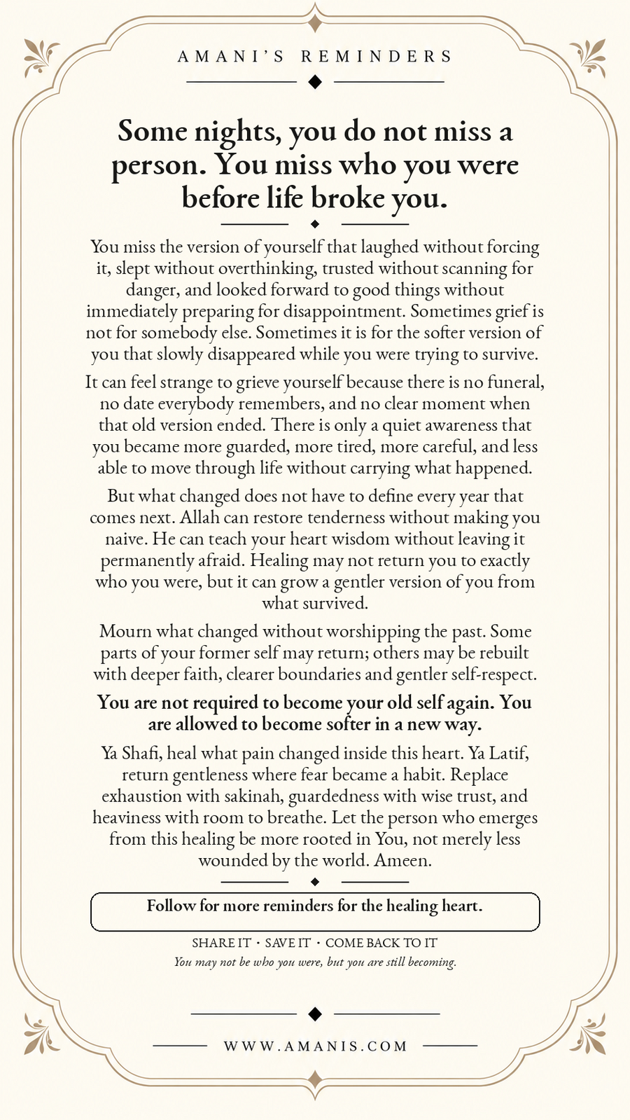 Amani’s Reminders artwork about grieving who you were before hardship and allowing softness to return.