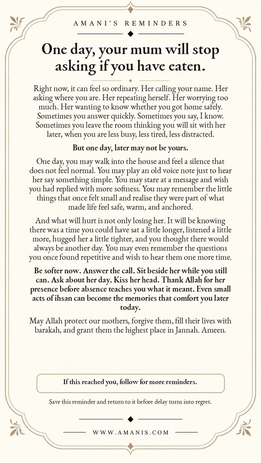 Amani’s Reminders reflection on honouring your mother now, answering her call and valuing her everyday care.