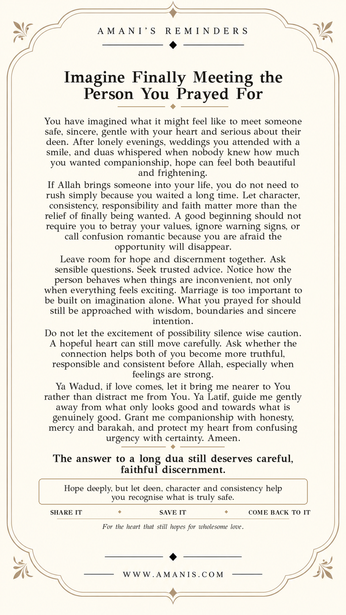 Amani’s Reminders Islamic poster about praying for righteous companionship, marriage and trusting Allah’s timing.