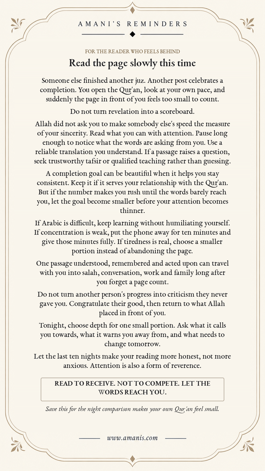 Amani's Reminders artwork titled “Read the page slowly this time” about Qur'an reading, comparison and choosing attentive engagement over page counts.