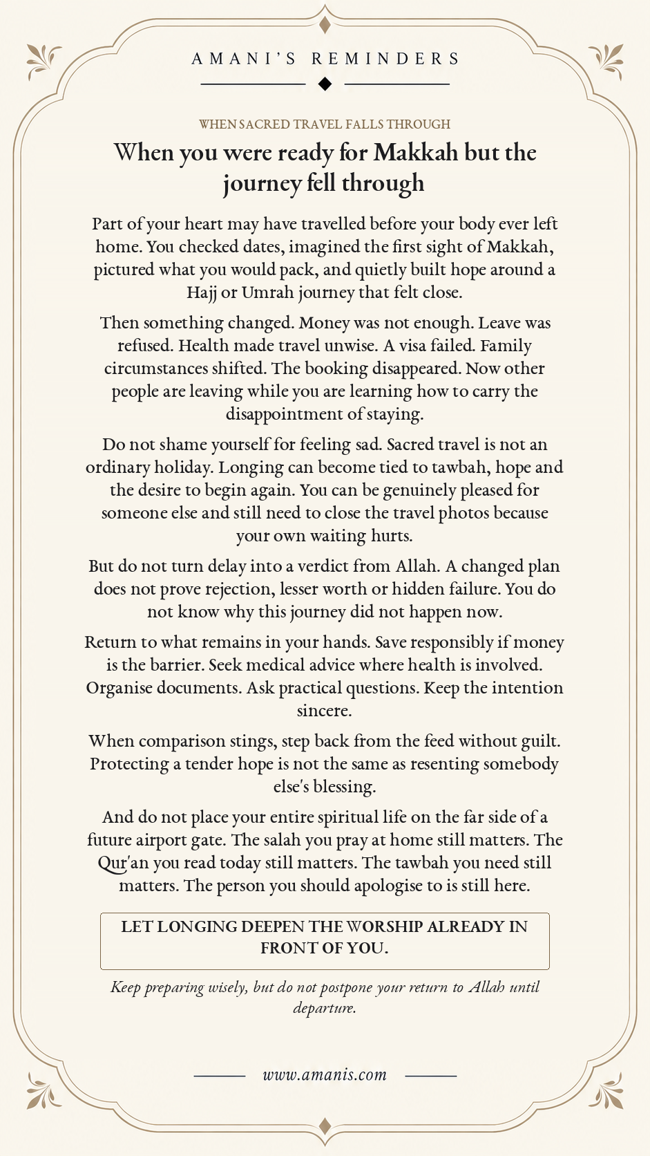 Amani's Reminders artwork titled “When you were ready for Makkah but the journey fell through” about Hajj or Umrah disappointment, longing and worship while waiting.