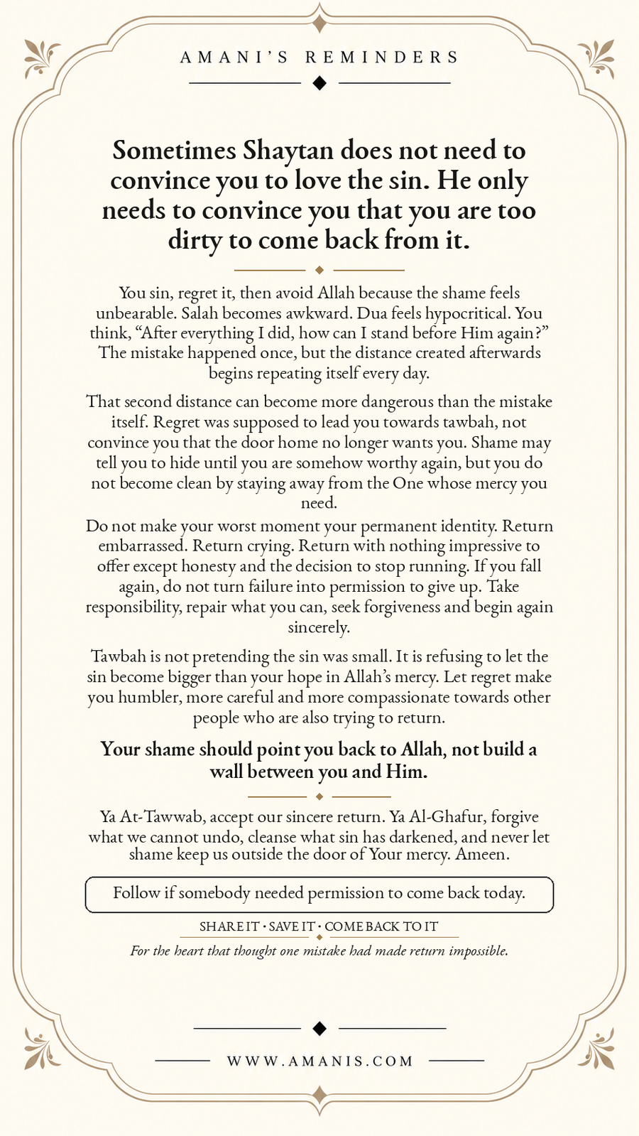 Amani’s Reminder about shame, tawbah, Allah’s mercy and returning sincerely after sin.