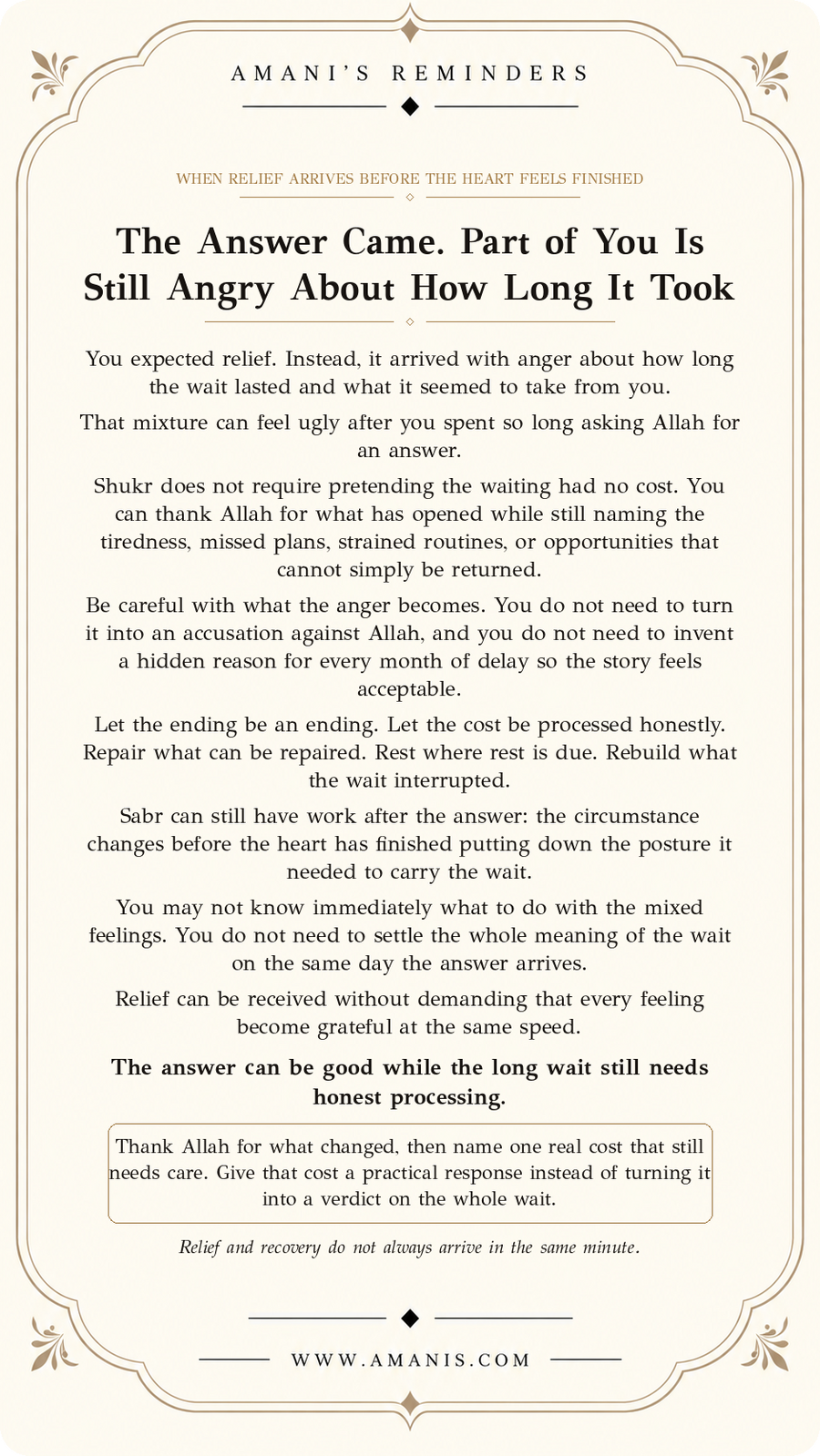 Amani’s Reminders Sabr & Patience artwork: The Answer Came. Part of You Is Still Angry About How Long It Took