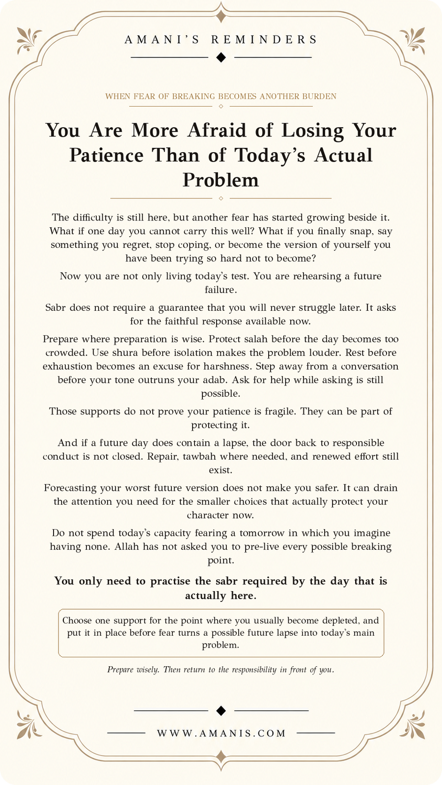 Amani’s Reminders Sabr & Patience artwork: You Are More Afraid of Losing Your Patience Than of Today’s Actual Problem