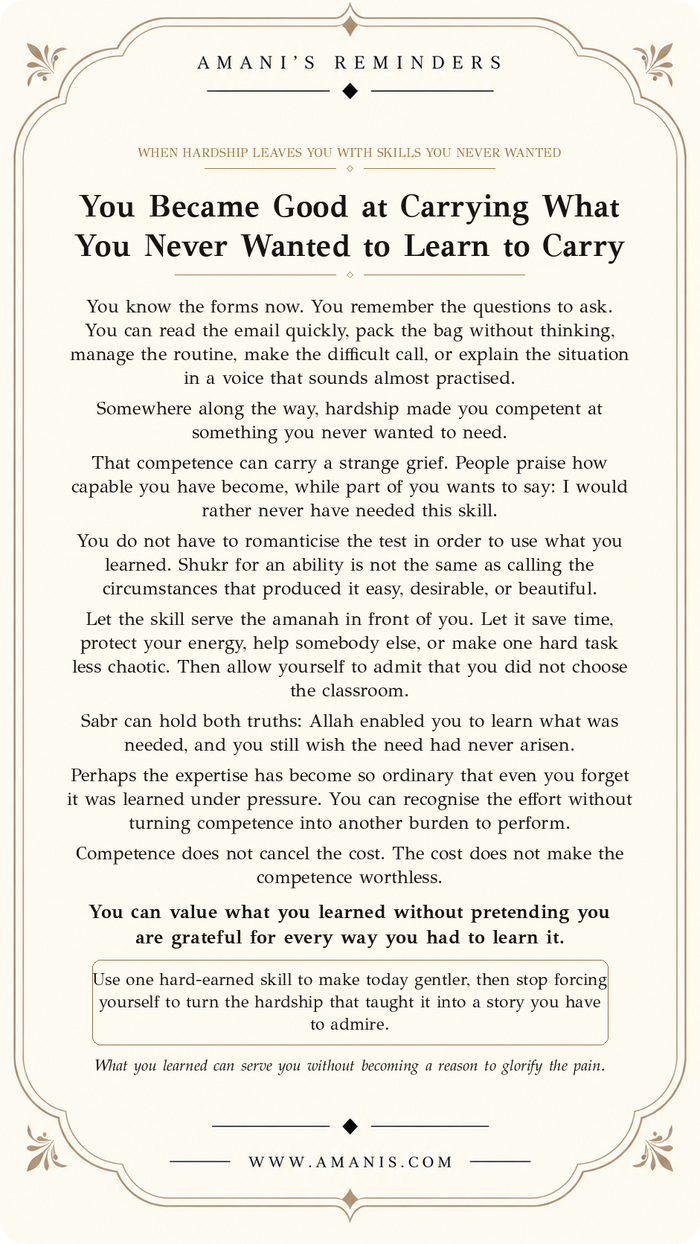 Amani’s Reminders Sabr & Patience artwork: You Became Good at Carrying What You Never Wanted to Learn to Carry