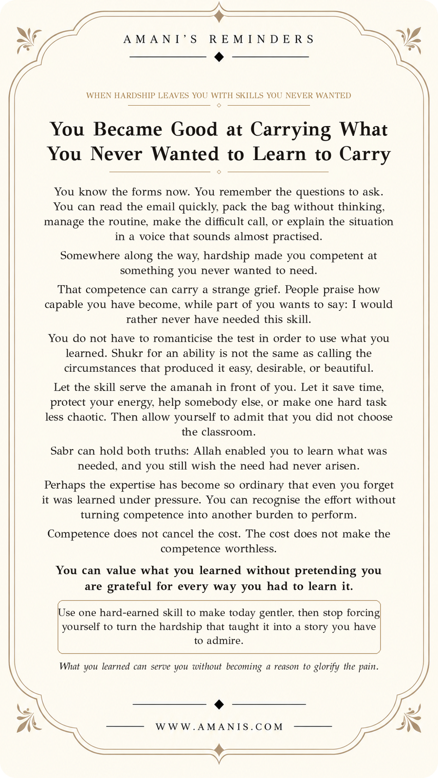 Amani’s Reminders Sabr & Patience artwork: You Became Good at Carrying What You Never Wanted to Learn to Carry