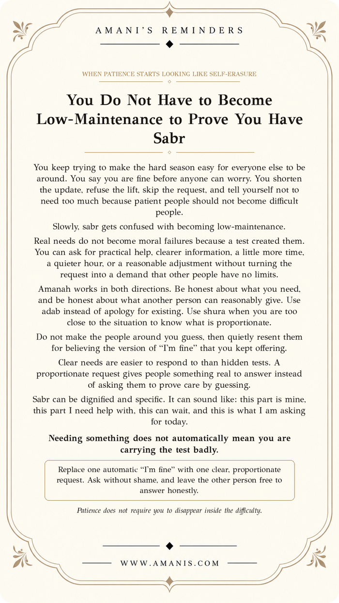 Amani’s Reminders Sabr & Patience artwork: You Do Not Have to Become Low-Maintenance to Prove You Have Sabr