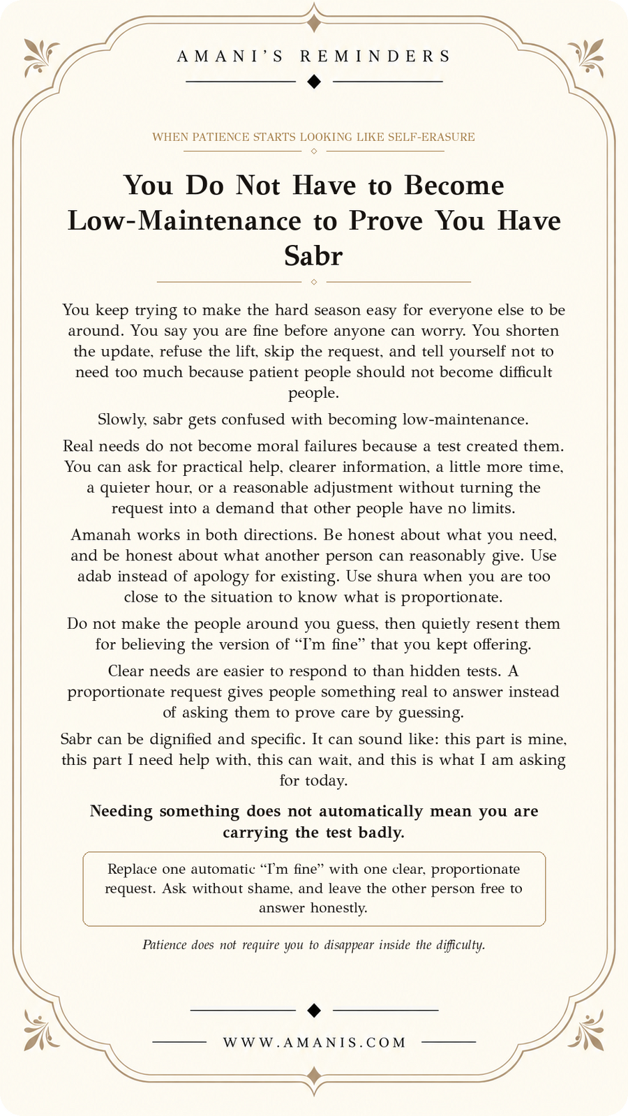 Amani’s Reminders Sabr & Patience artwork: You Do Not Have to Become Low-Maintenance to Prove You Have Sabr
