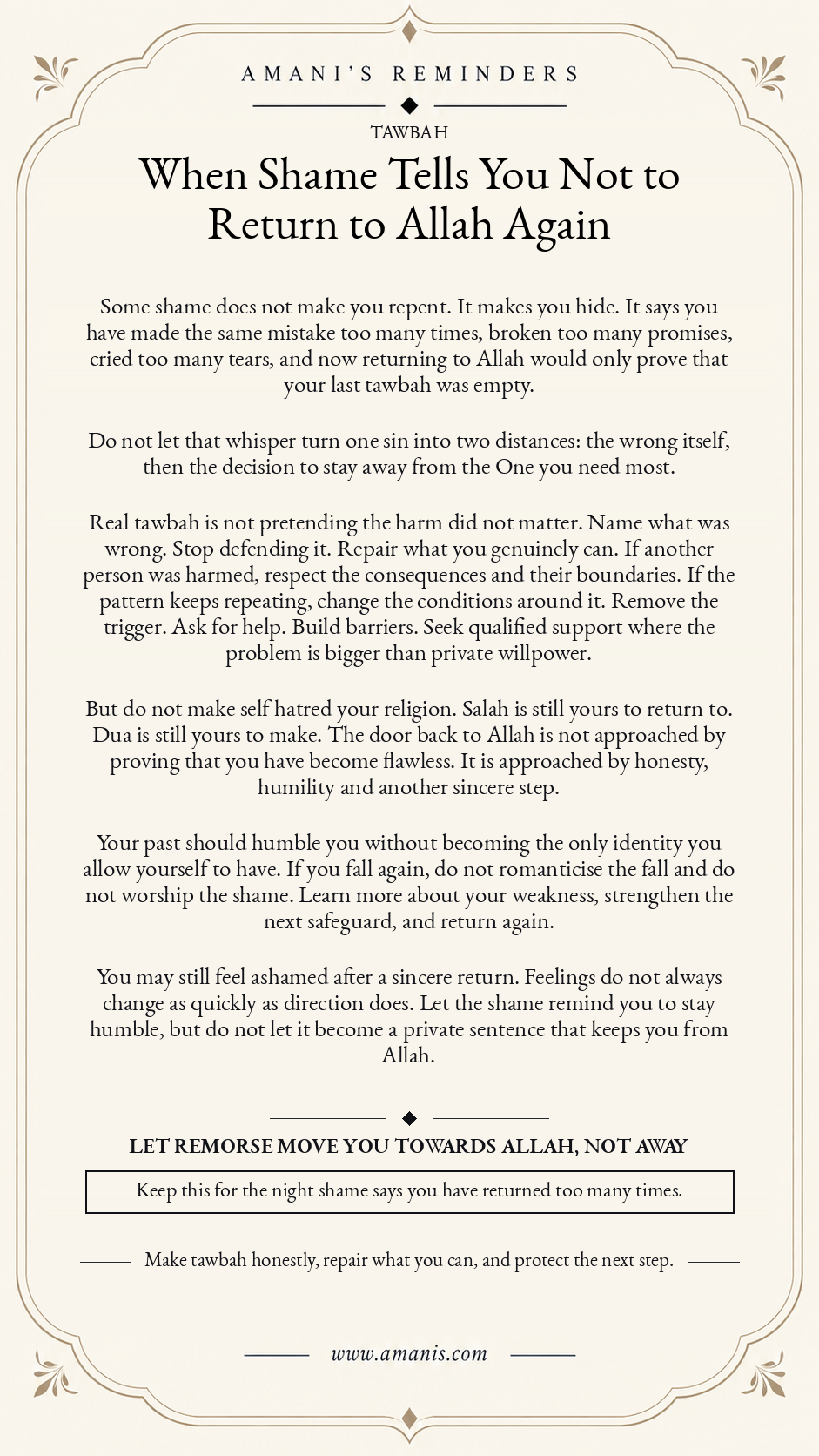 Amani’s Reminders Islamic poster about tawbah, shame and returning honestly to Allah after repeated mistakes.