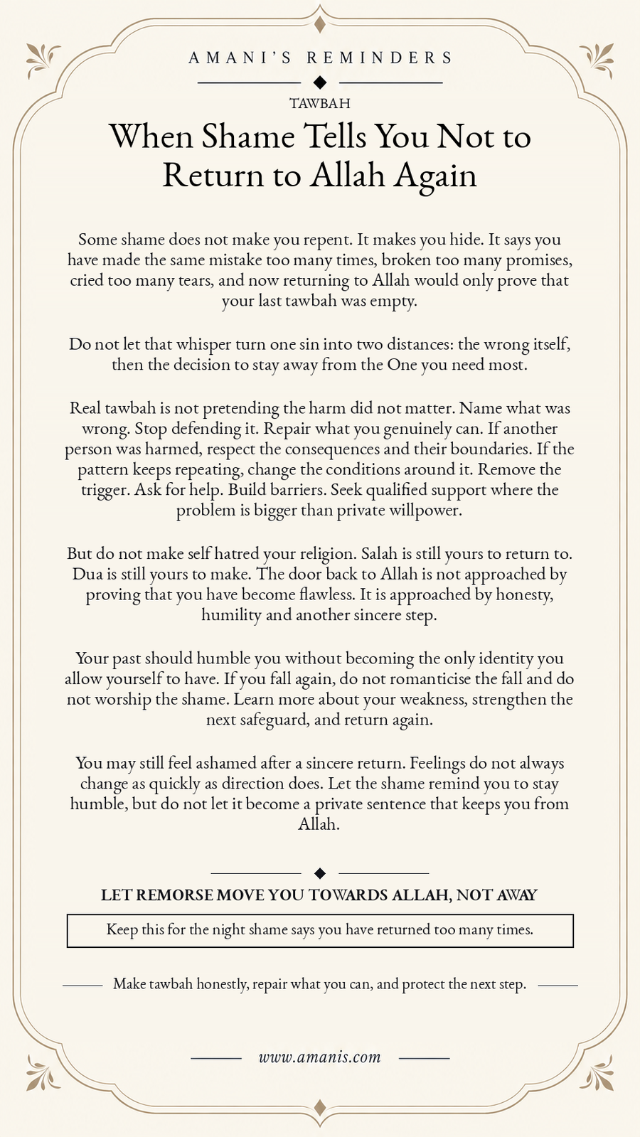 Amani’s Reminders Islamic poster about tawbah, shame and returning honestly to Allah after repeated mistakes.