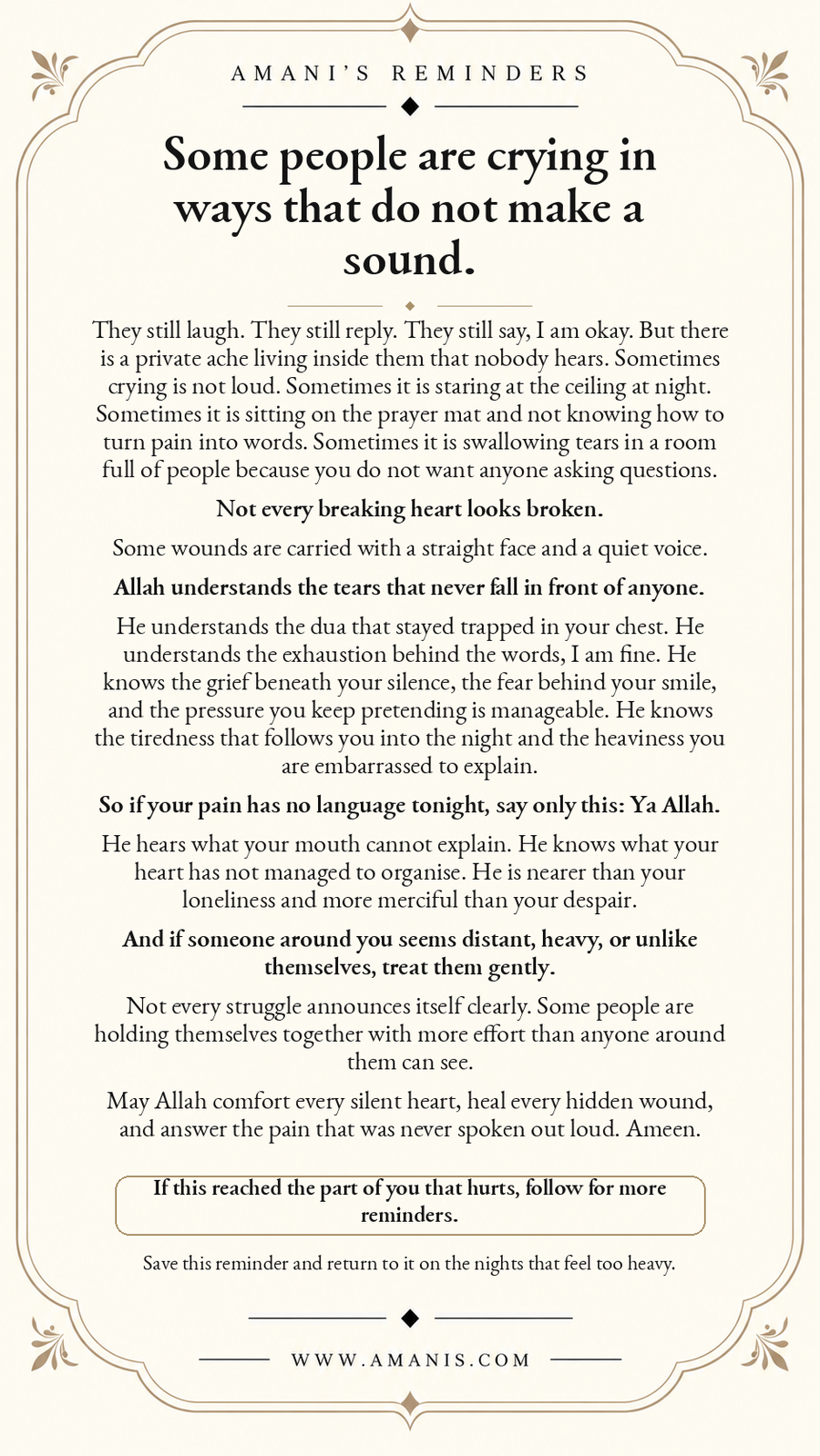 Amani’s Reminders reflection on hidden pain, silent struggles, Allah’s mercy and treating hurting people gently.