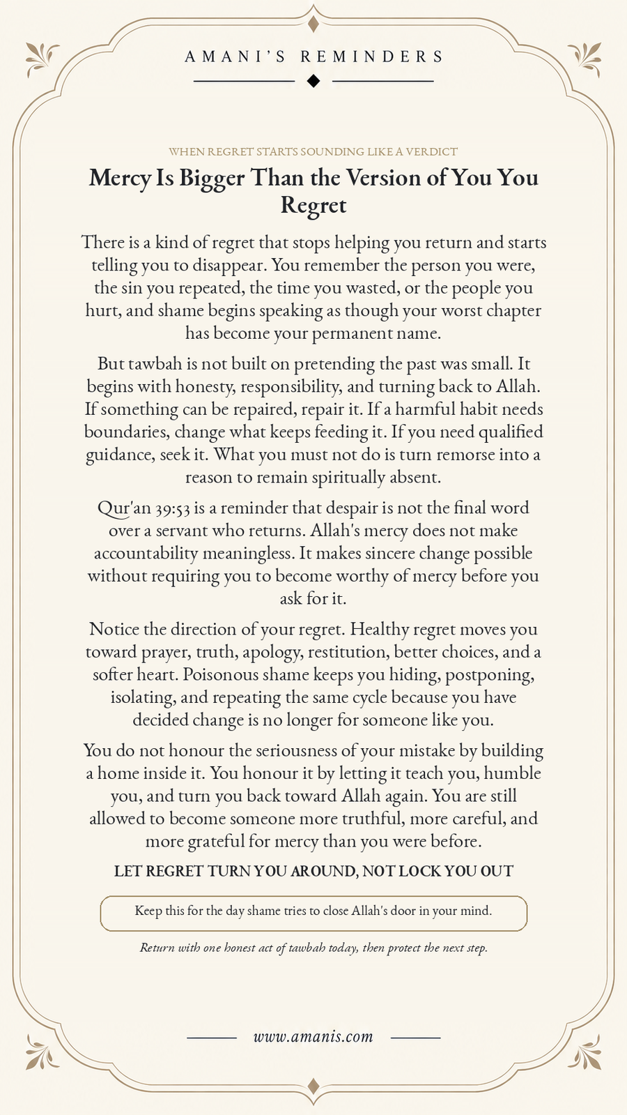 Amani’s Reminders poster about regret, tawbah and Allah’s mercy, titled “Mercy Is Bigger Than the Version of You You Regret”.