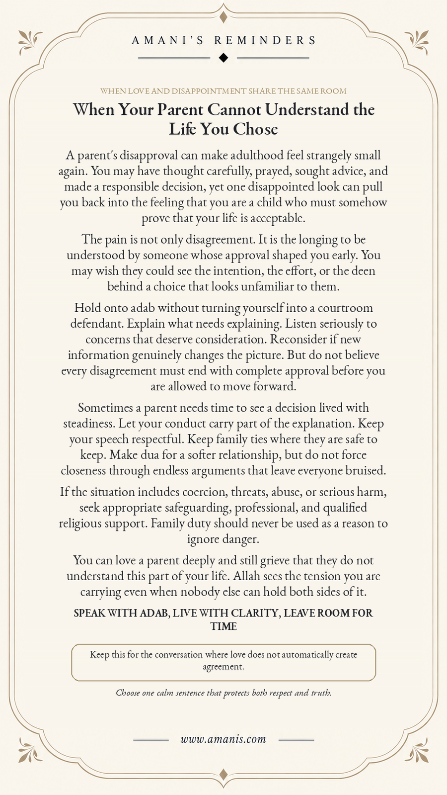 Amani’s Reminders poster about parental disagreement, adab and clarity, titled “When Your Parent Cannot Understand the Life You Chose”.