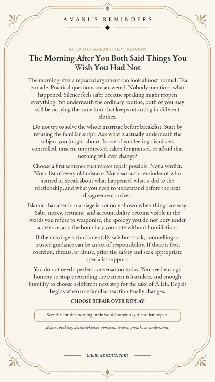 Amani’s Reminders poster about repairing a repeated marriage argument with sabr, mercy and accountability, titled “The Morning After You Both Said Things You Wish You Had Not”.