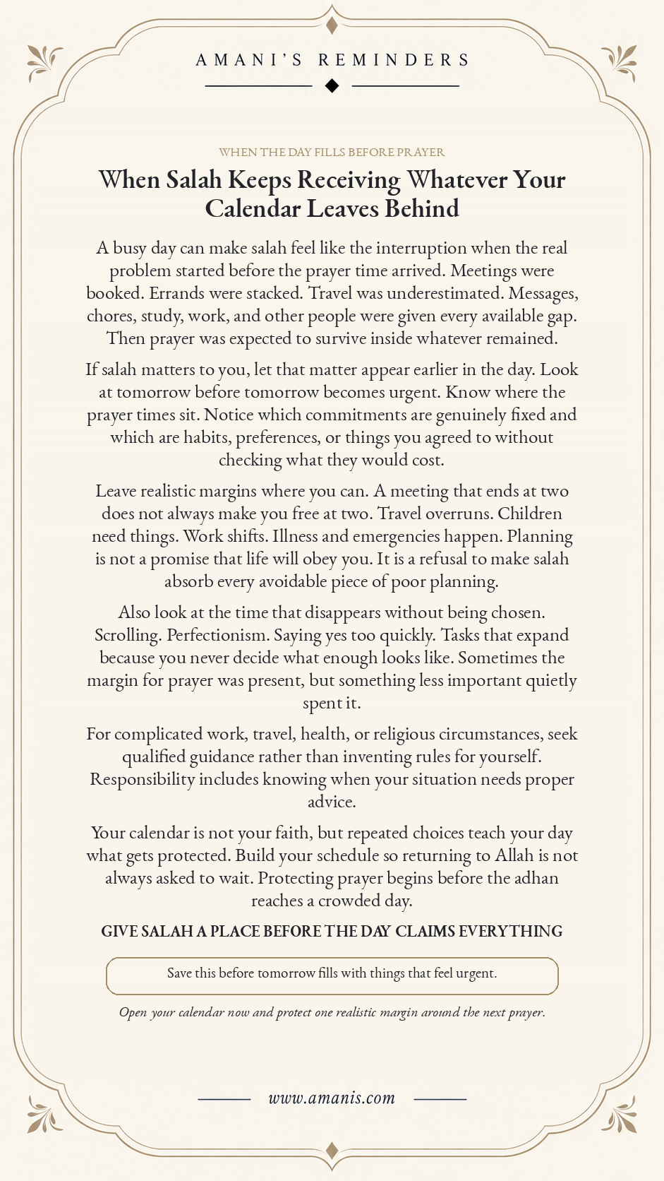Amani’s Reminders poster about protecting salah in a crowded schedule, titled “When Salah Keeps Receiving Whatever Your Calendar Leaves Behind”.