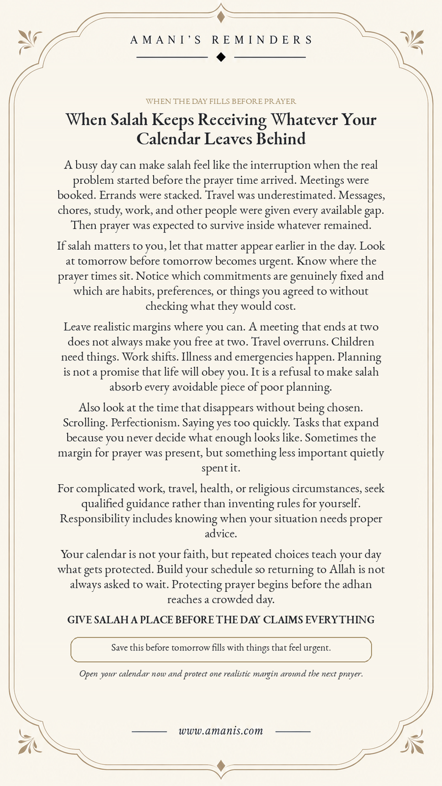 Amani’s Reminders poster about protecting salah in a crowded schedule, titled “When Salah Keeps Receiving Whatever Your Calendar Leaves Behind”.