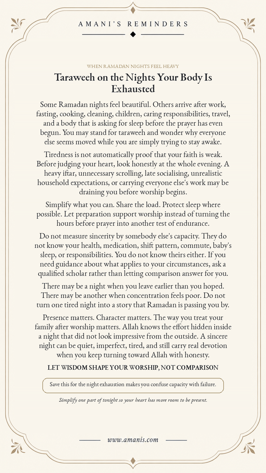 Amani’s Reminders Ramadan poster about taraweeh, exhaustion and sincere worship without comparison, titled “Taraweeh on the Nights Your Body Is Exhausted”.