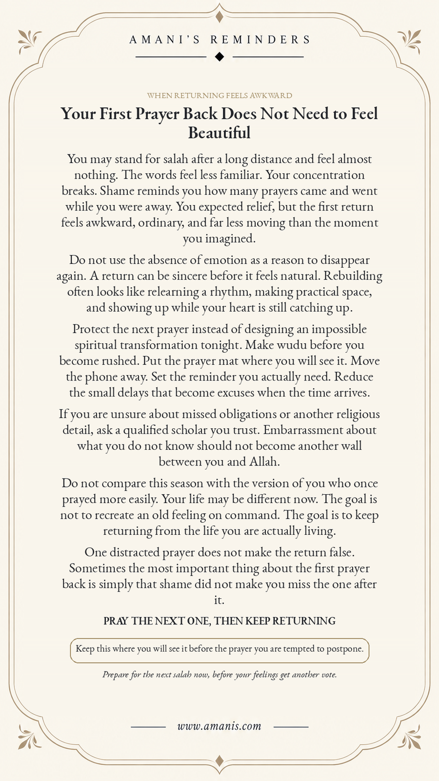 Amani’s Reminders poster about returning to salah after spiritual distance, titled “Your First Prayer Back Does Not Need to Feel Beautiful”.