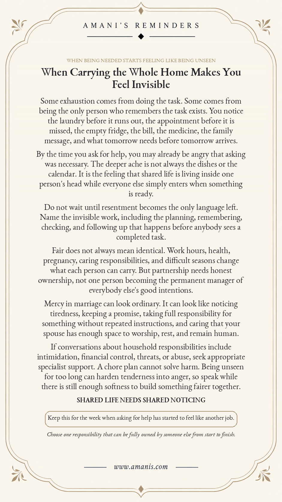 Amani’s Reminders marriage poster about invisible household responsibility and shared ownership, titled “When Carrying the Whole Home Makes You Feel Invisible”.