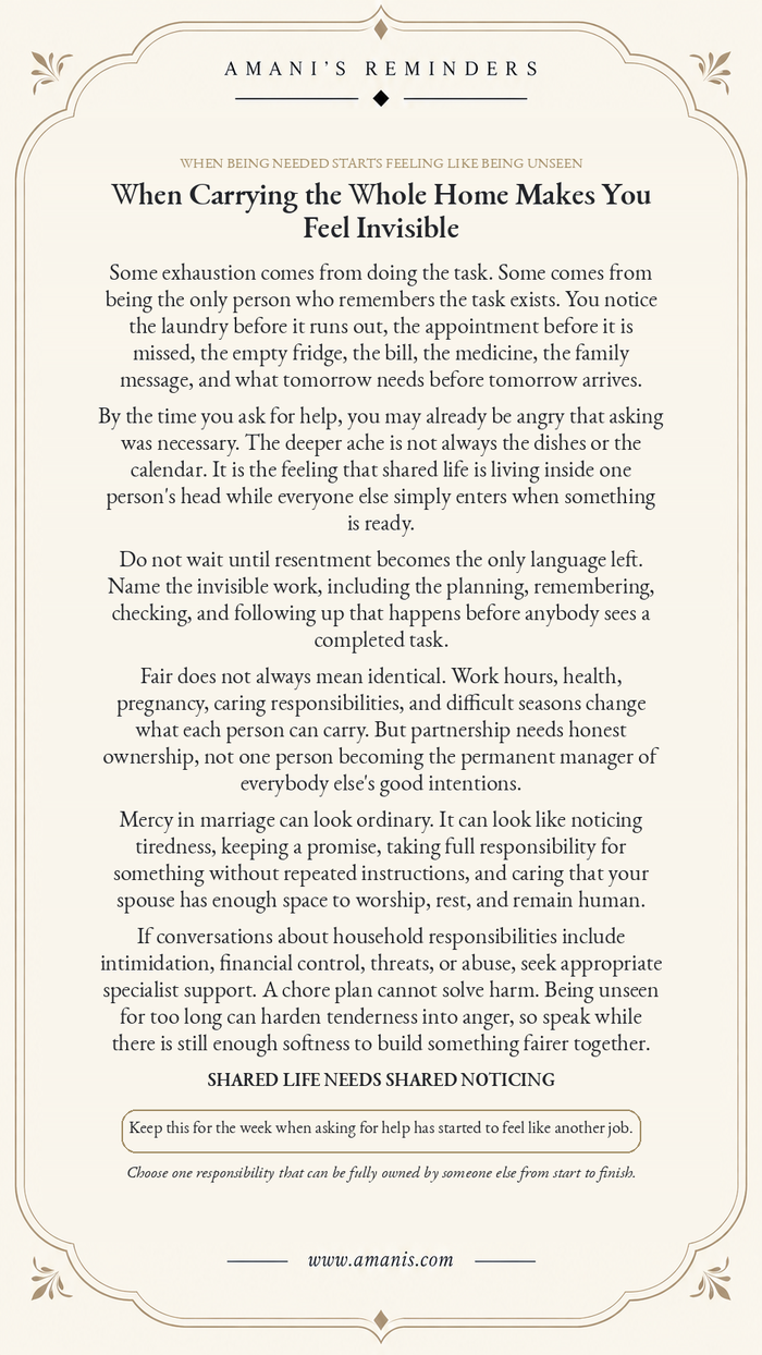 Amani’s Reminders marriage poster about invisible household responsibility and shared ownership, titled “When Carrying the Whole Home Makes You Feel Invisible”.
