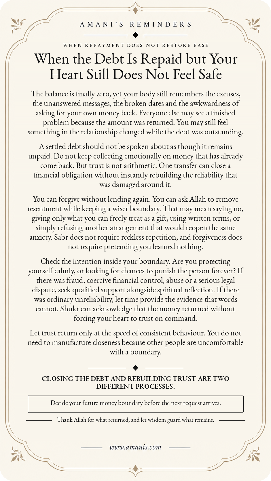 Amani's Reminders poster about a repaid debt that left trust damaged, with forgiveness, wiser boundaries, sabr, shukr and trust rebuilt through evidence.