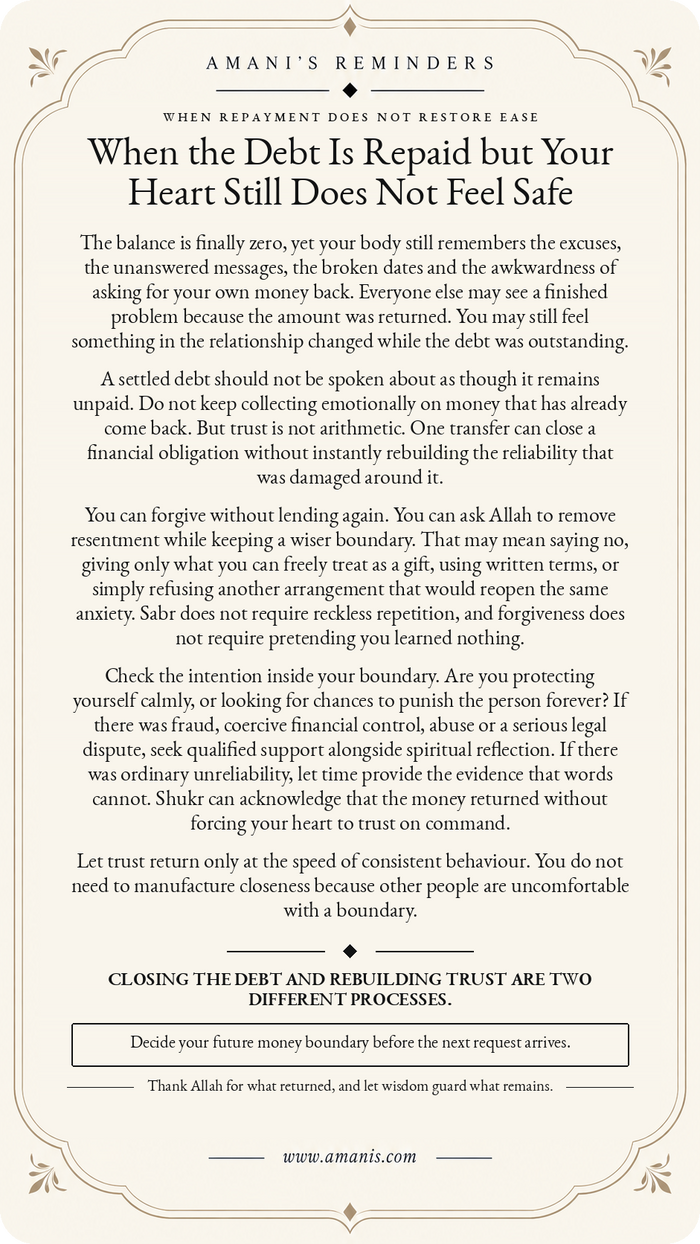 Amani's Reminders poster about a repaid debt that left trust damaged, with forgiveness, wiser boundaries, sabr, shukr and trust rebuilt through evidence.