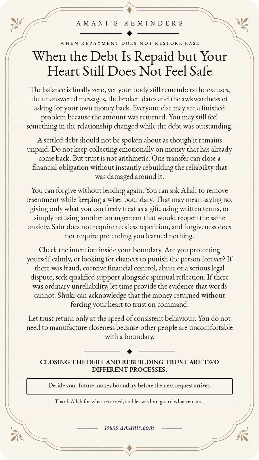 Amani's Reminders poster about a repaid debt that left trust damaged, with forgiveness, wiser boundaries, sabr, shukr and trust rebuilt through evidence.