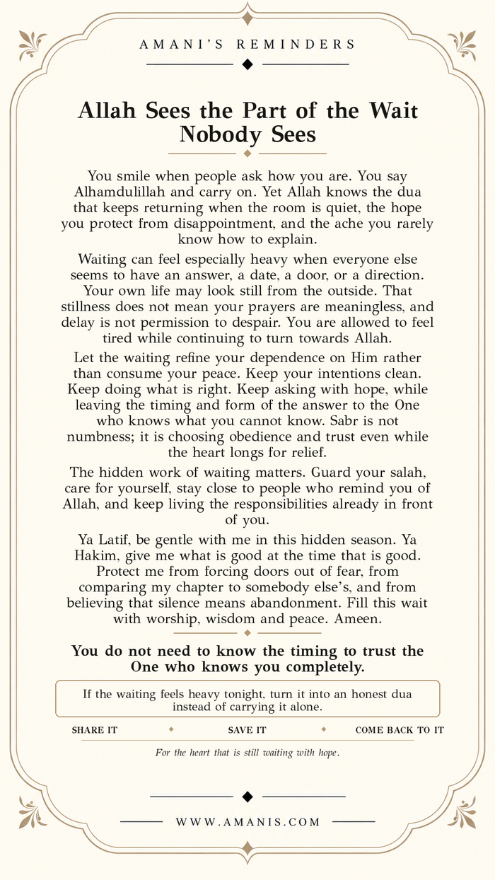 Amani’s Reminders Islamic poster about sabr, waiting and trusting Allah when nobody sees the struggle.