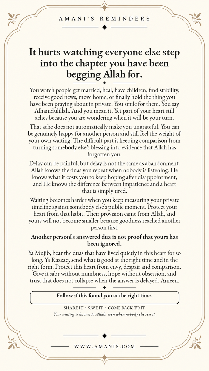 Amani’s Reminders artwork about waiting for an answered dua while others reach the milestones you long for.