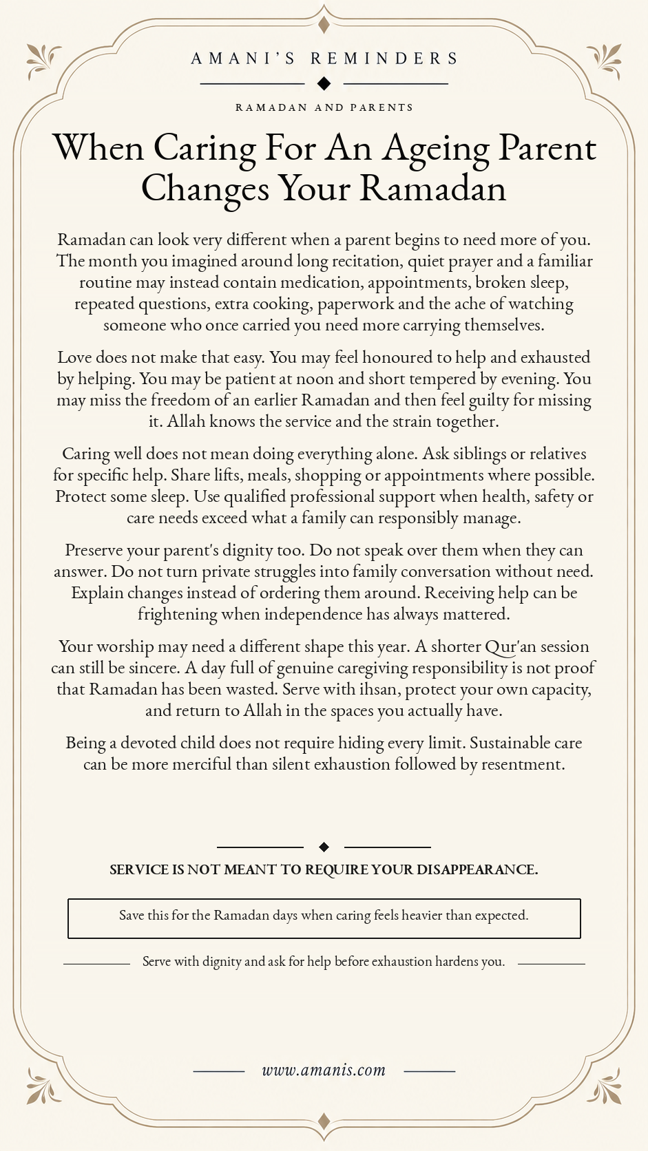 Amani’s Reminders cream Ramadan caregiving artwork titled When Caring For An Ageing Parent Changes Your Ramadan.