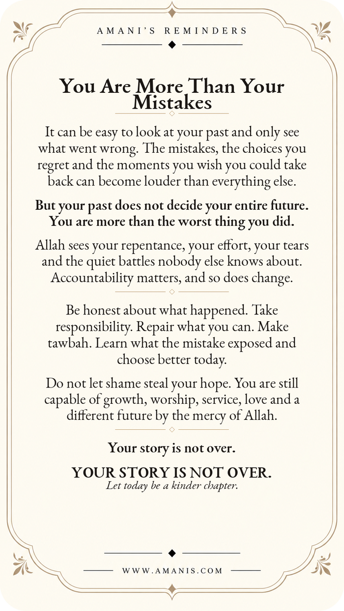 Amani’s Reminders artwork about repentance, Allah’s mercy and refusing to let past mistakes define the future.