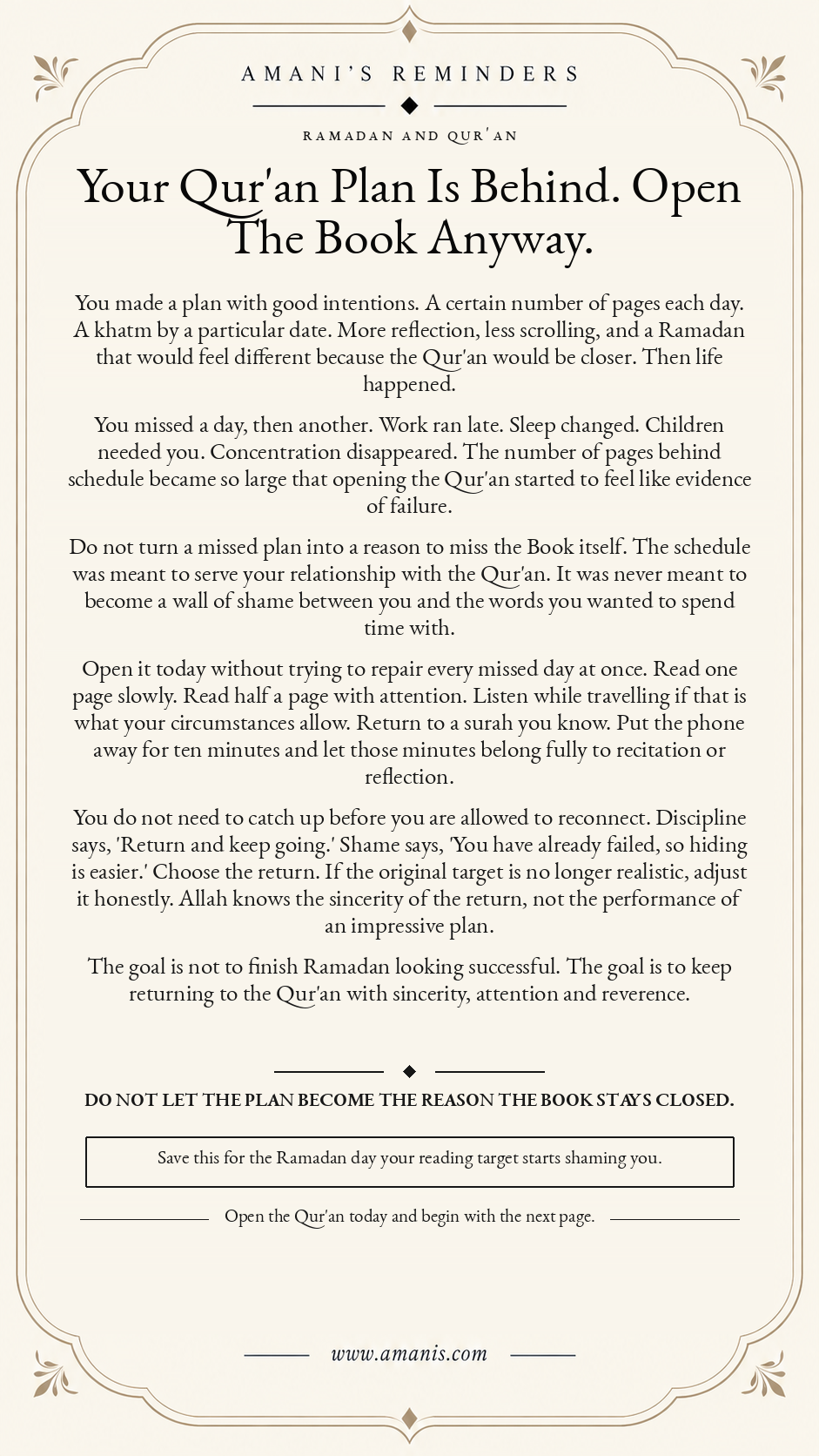 Amani’s Reminders cream Ramadan Qur’an artwork titled Your Qur'an Plan Is Behind. Open The Book Anyway.