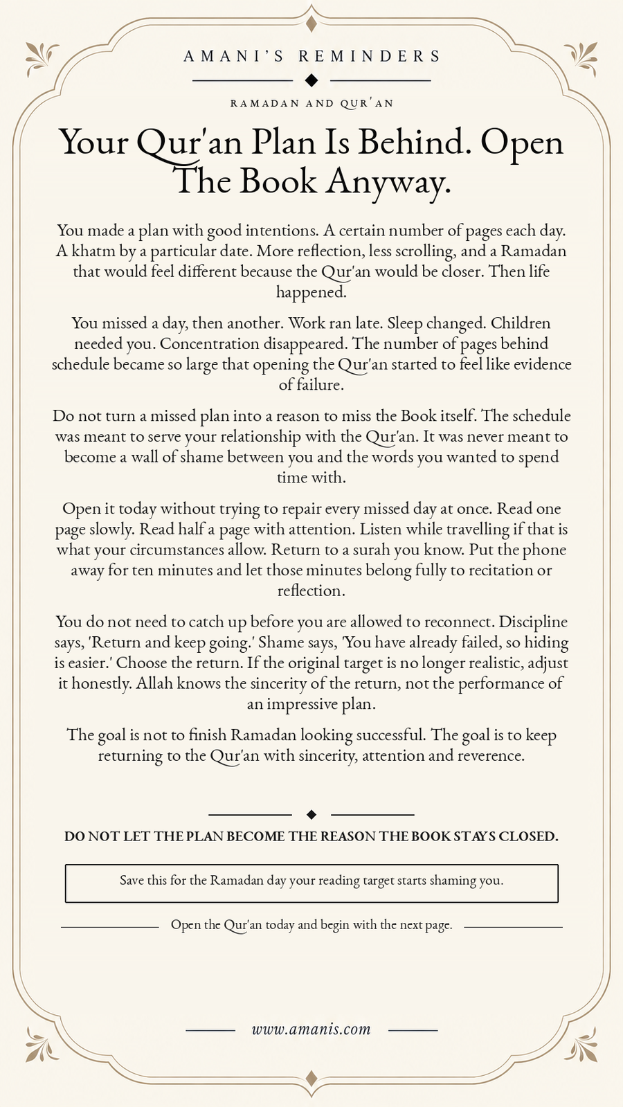 Amani’s Reminders cream Ramadan Qur’an artwork titled Your Qur'an Plan Is Behind. Open The Book Anyway.
